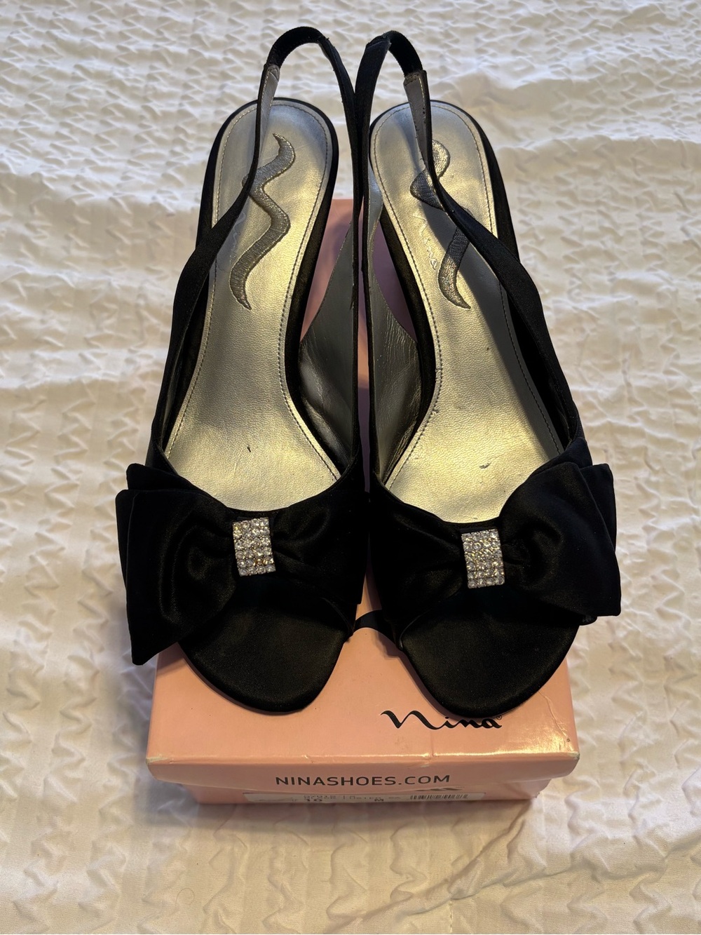 Vintage Nina Black Satin Slingback Peep-Toe Heels with Bow and Rhinestone Accent